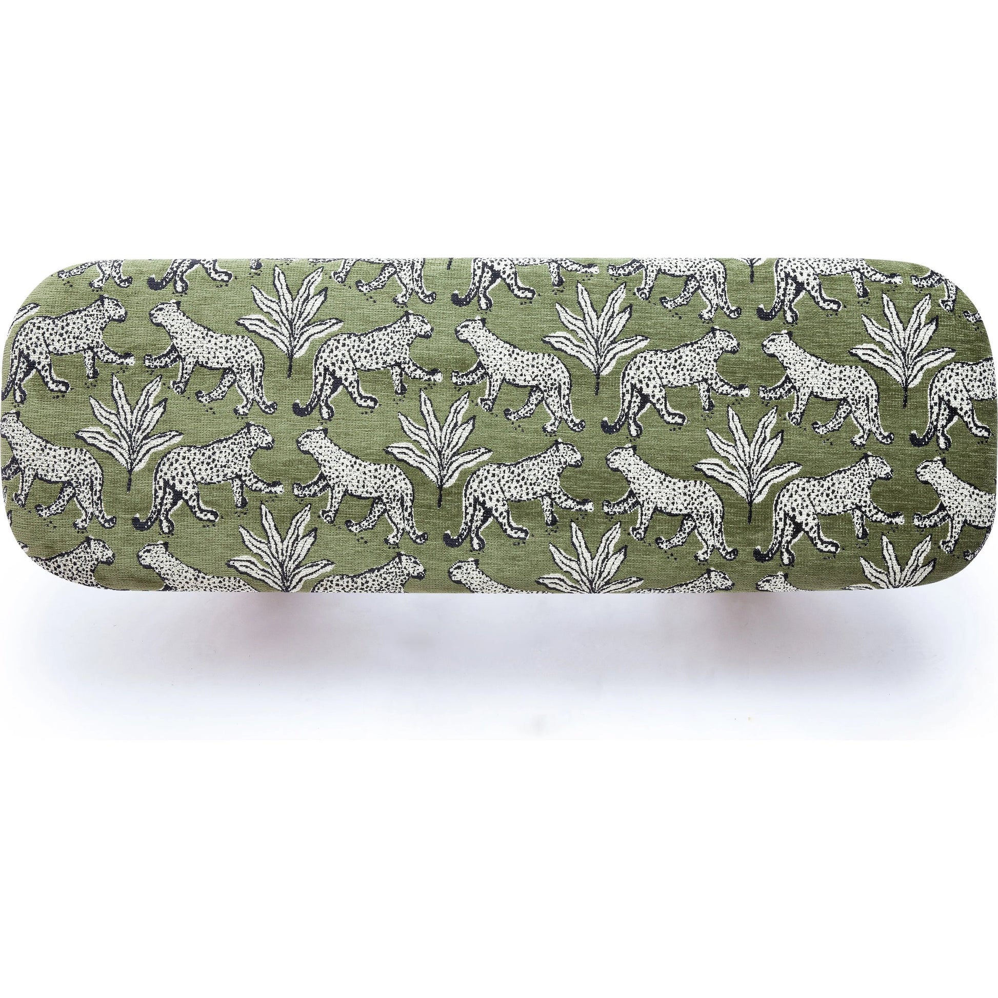 Ollie Leopard Jacquard Bench by TOV Furniture in olive green. Made from jacquard, wood in a eclectic & global style.