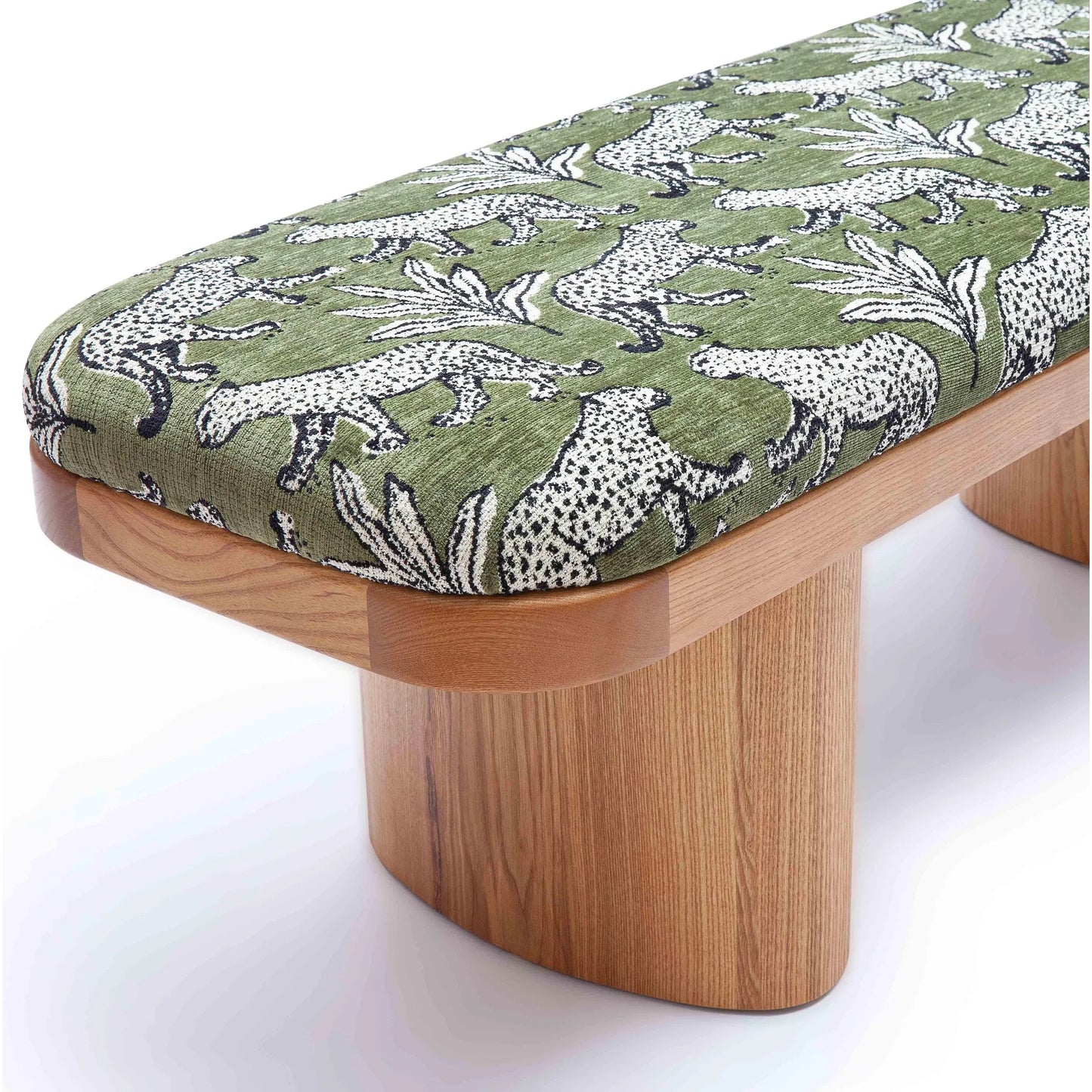 006 SI-2356332 | Closeup | Ollie Leopard Jacquard Bench by TOV Furniture in olive green. Made from jacquard, wood in a eclectic & global style.
