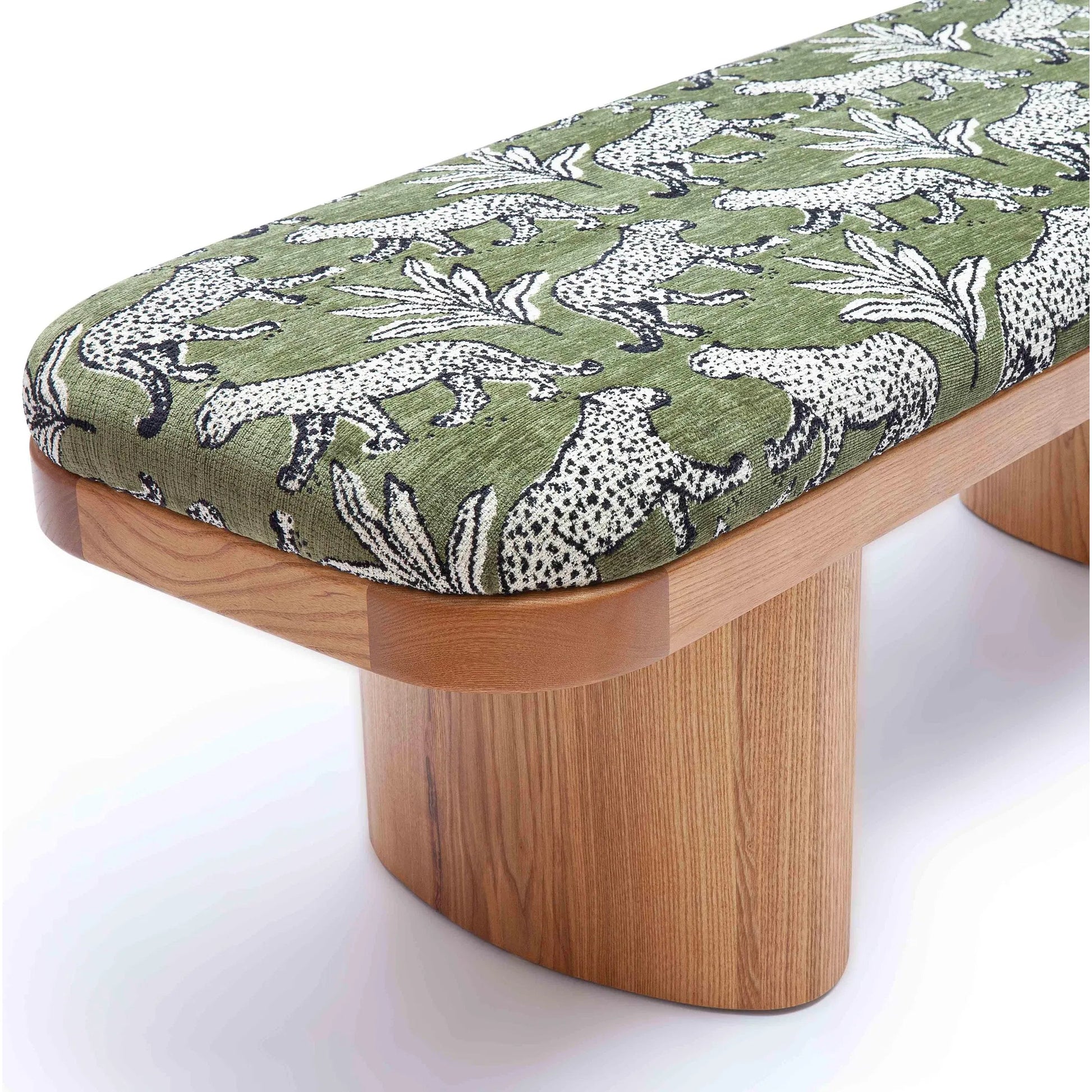 Ollie Leopard Jacquard Bench by TOV Furniture in olive green. Made from jacquard, wood in a eclectic & global style.