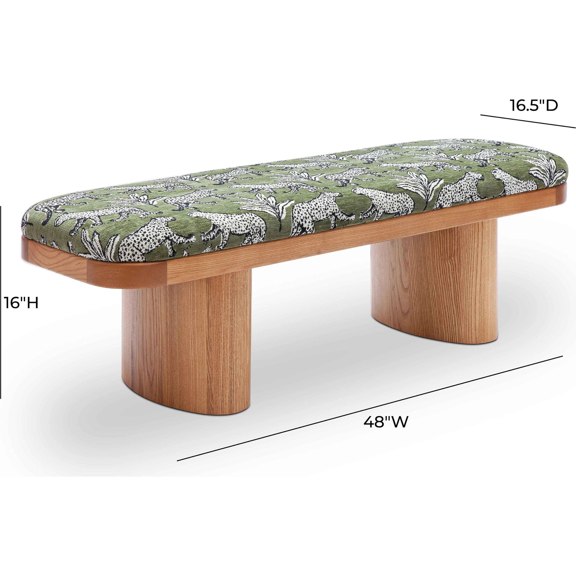 Ollie Leopard Jacquard Bench by TOV Furniture in olive green. Made from jacquard, wood in a eclectic & global style.