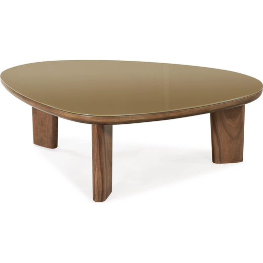 Oani Walnut and Glass Triangular Coffee Table by TOV Furniture in natural. Made from glass, mdf, veneer in a unique style.