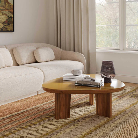 Oani Walnut and Glass Triangular Coffee Table by TOV Furniture in natural. Made from glass, mdf, veneer in a unique style.
