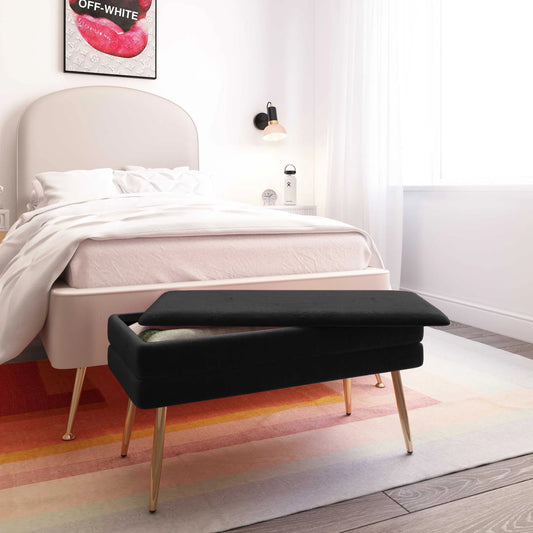 Ziva Velvet Storage Bench by TOV Furniture in black. Made from iron, mdf, velvet in a unique style.
