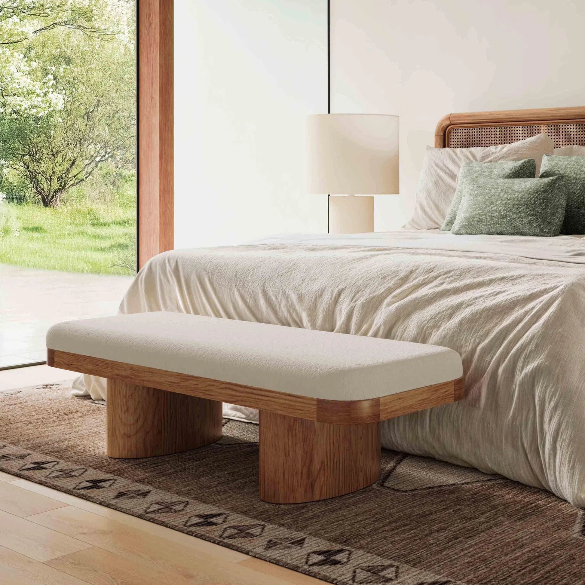 Ollie Performance Boucle Large Bench by TOV Furniture in white. Made from boucle, wood in a transitional style.