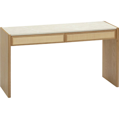 Paige Oak Console/Desk by TOV Furniture in natural. Made from melamine, oak, oak veneer, raffia in a unique style.