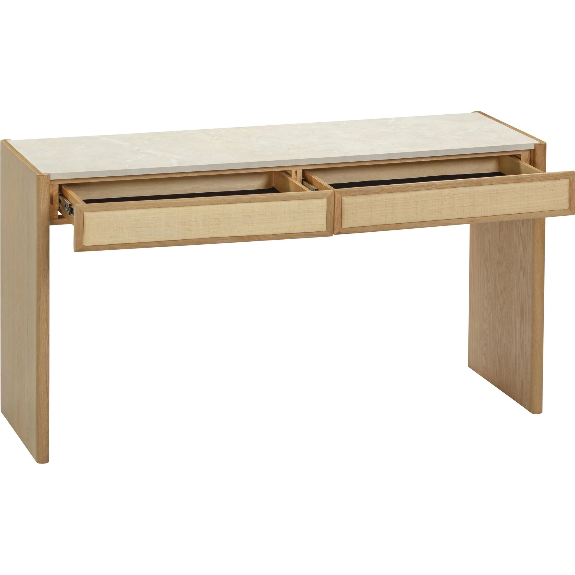 Paige Oak Console/Desk by TOV Furniture in natural. Made from melamine, oak, oak veneer, raffia in a unique style.