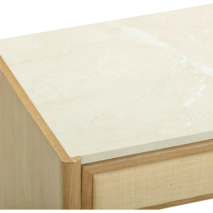 Paige Oak Console/Desk by TOV Furniture in natural. Made from melamine, oak, oak veneer, raffia in a unique style.