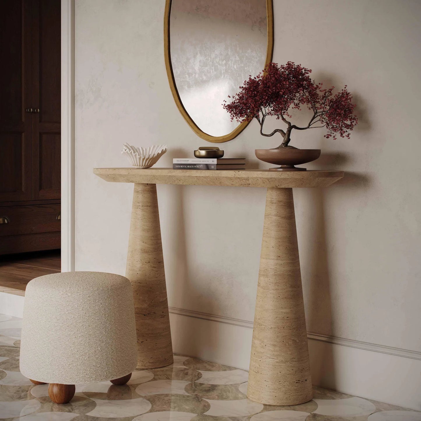 006 SI-2439986 | Lifestyle | Sandra Faux Indoor/Outdoor Console Table by TOV Furniture in travertine. Made from concrete in a transitional style.