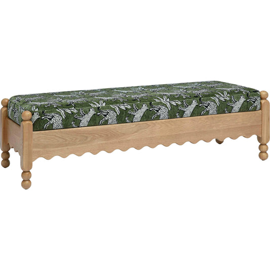 Thelma Leopard Jacquard Bench by TOV Furniture. Made from fabric, oak in a eclectic & global style.