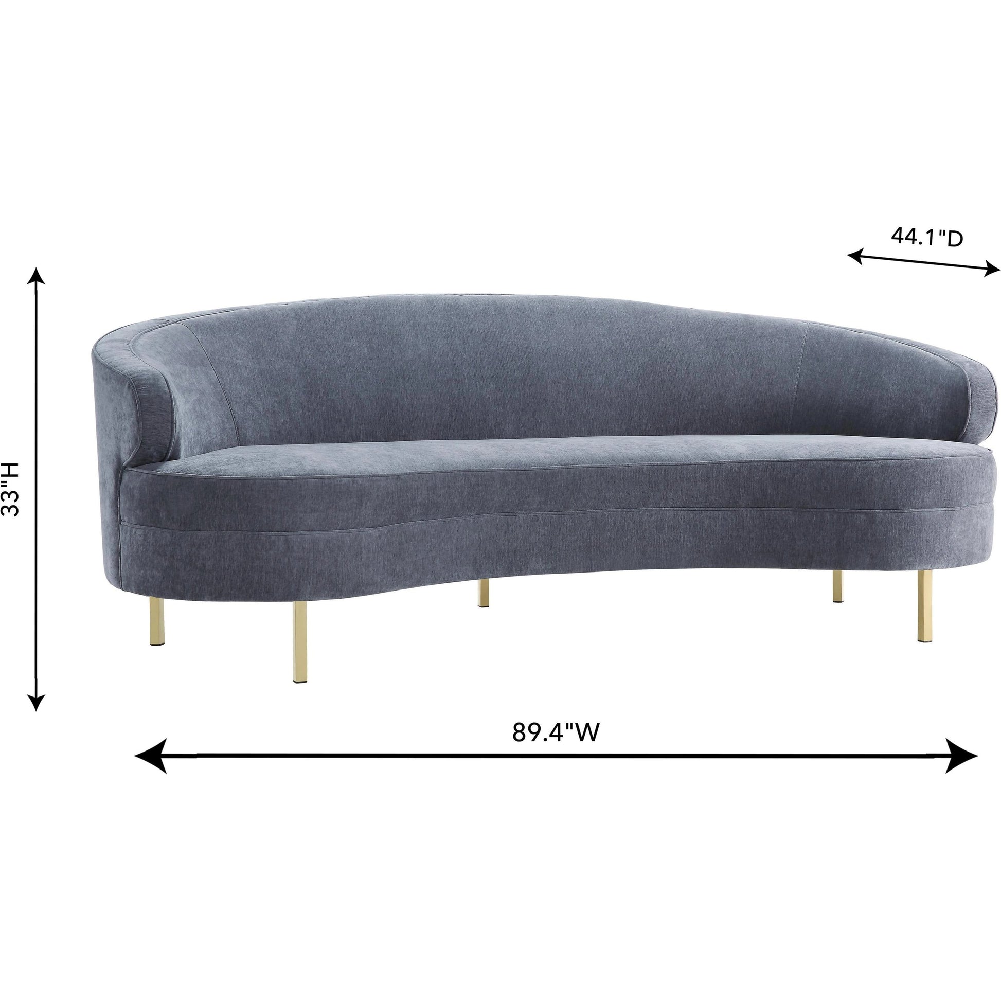 Baila Sofa by TOV Furniture in navy. Made from velvet, wood, stainless steel in a modern style.