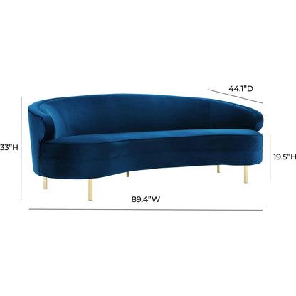 Baila Sofa by TOV Furniture in navy. Made from velvet, wood, stainless steel in a modern style.