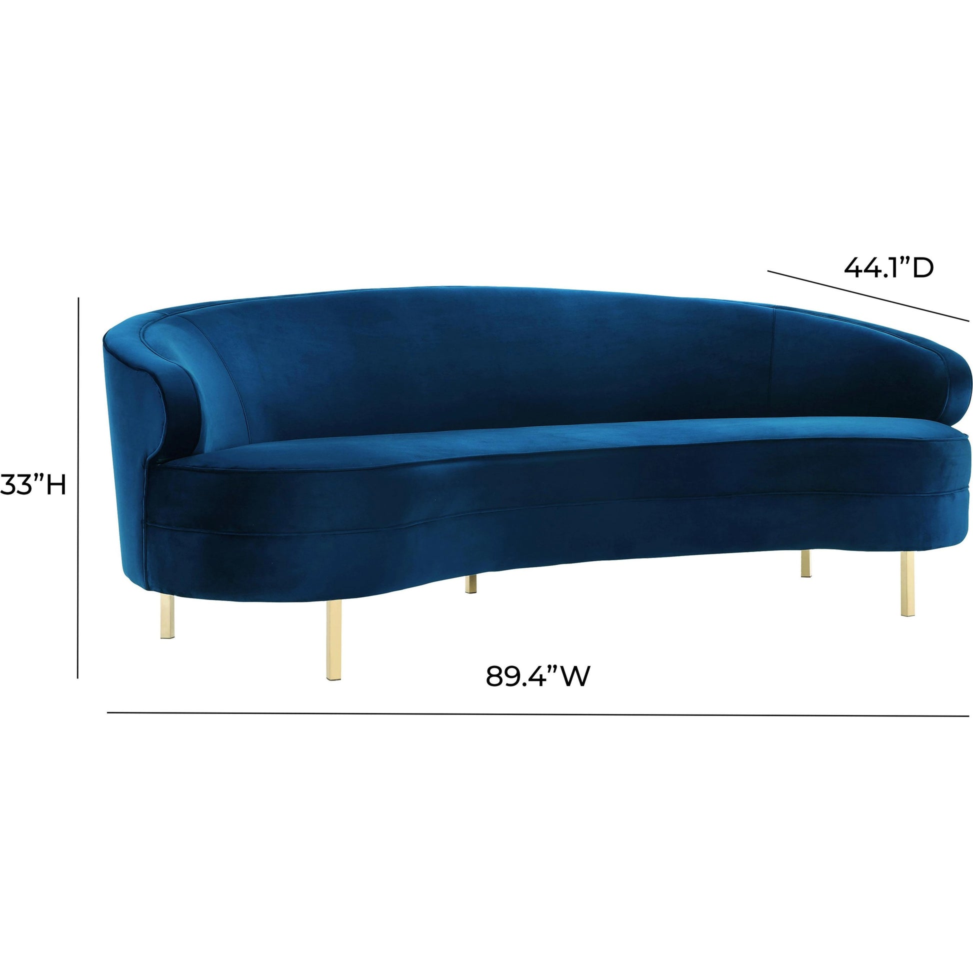 Baila Sofa by TOV Furniture in navy. Made from velvet, wood, stainless steel in a modern style.
