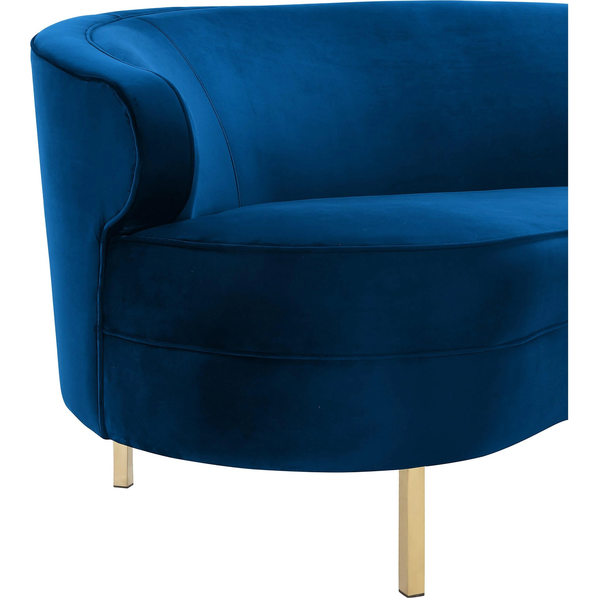 Baila Sofa by TOV Furniture in navy. Made from velvet, wood, stainless steel in a modern style.