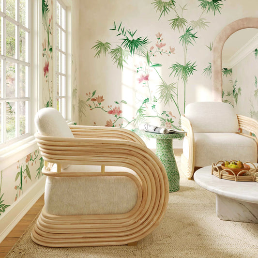 Lauretta Fabric and Rattan Accent Chair by TOV Furniture in cream, natural. Made from cane, linen in a rustic style.