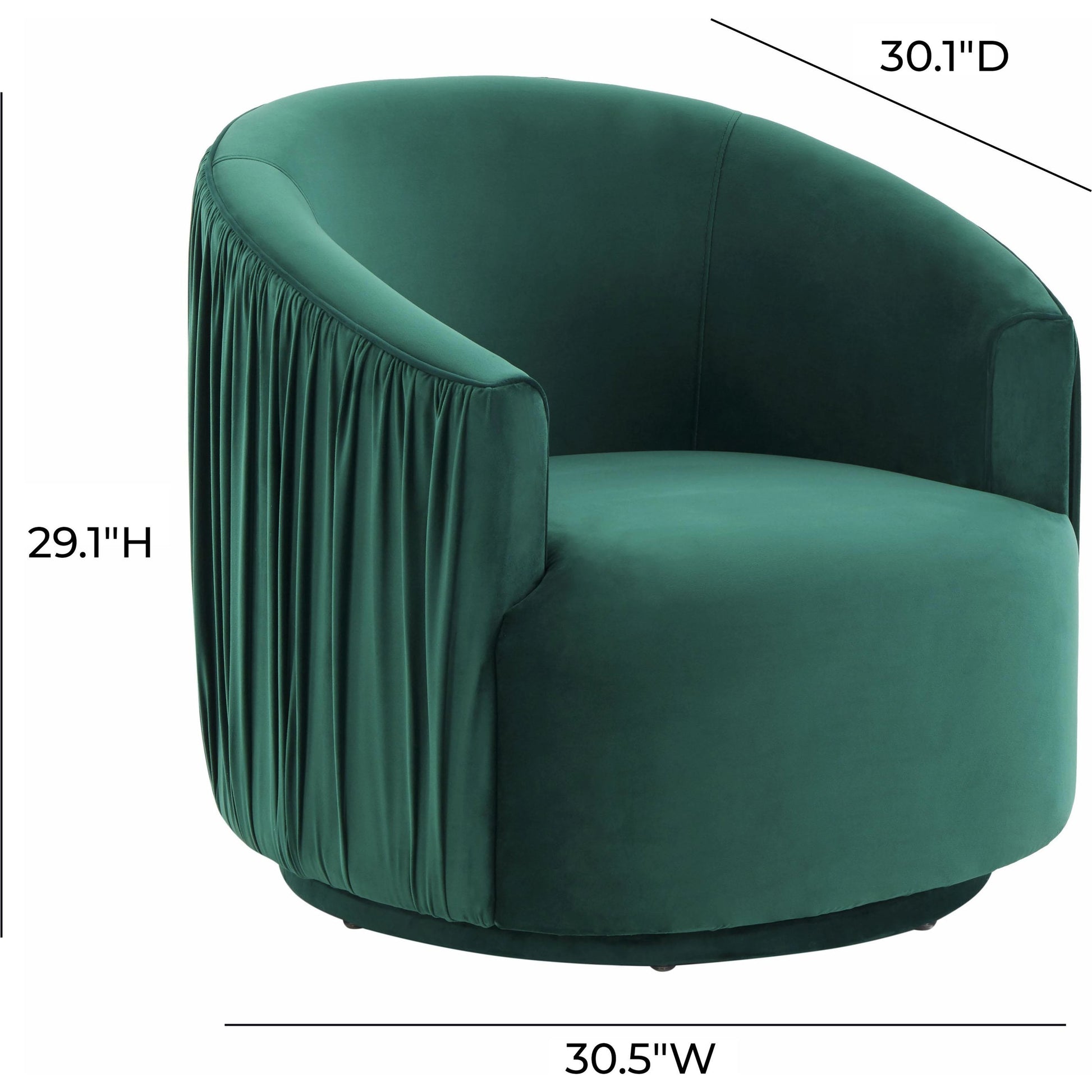 London Pleated Swivel Chair by TOV Furniture in forest green. Made from velvet, pine, plywood in a modern style.