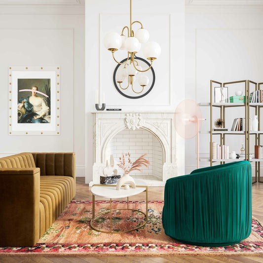 London Pleated Swivel Chair by TOV Furniture in forest green. Made from velvet, pine, plywood in a modern style.