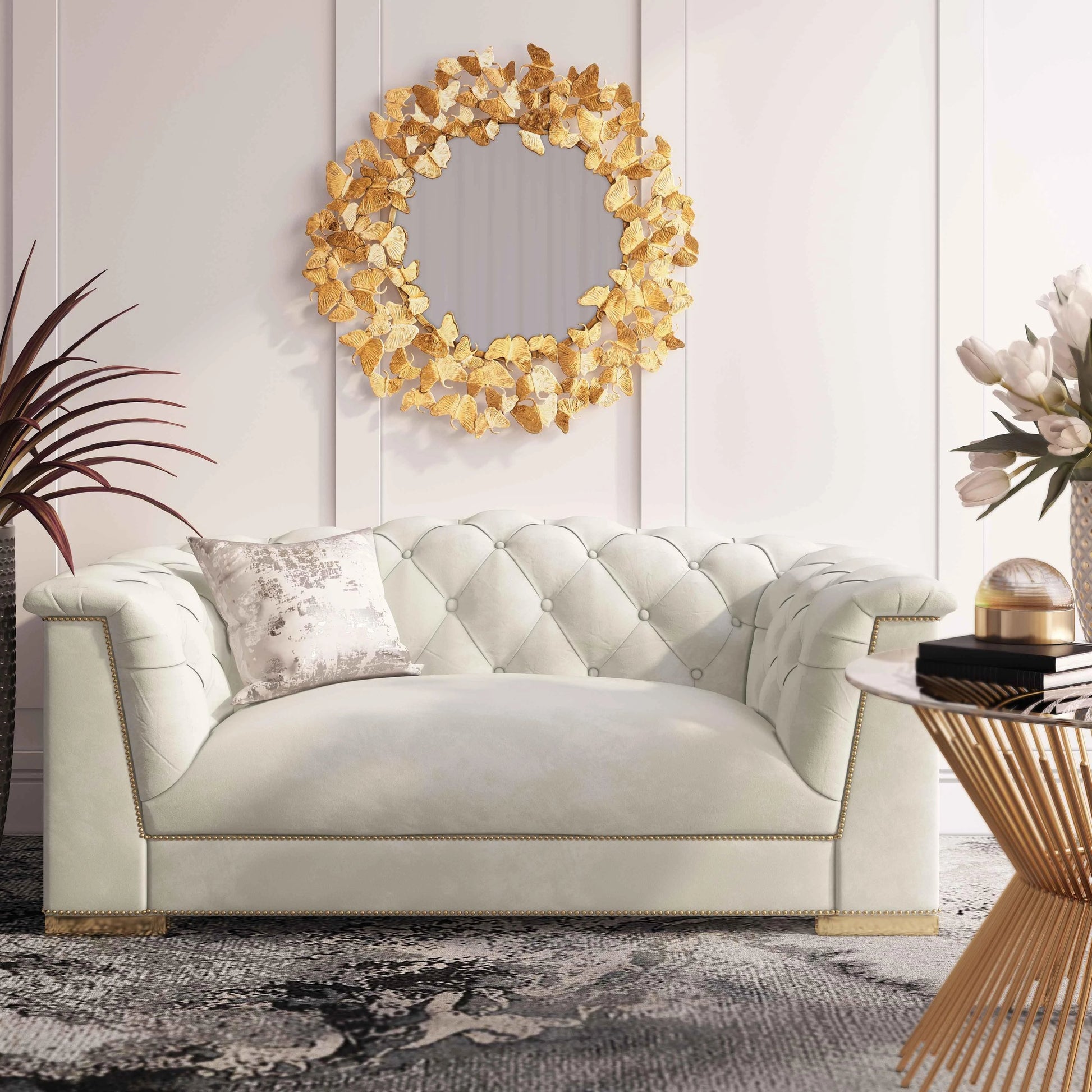 Farah Velvet Loveseat by TOV Furniture in cream. Made from velvet in a transitional style.