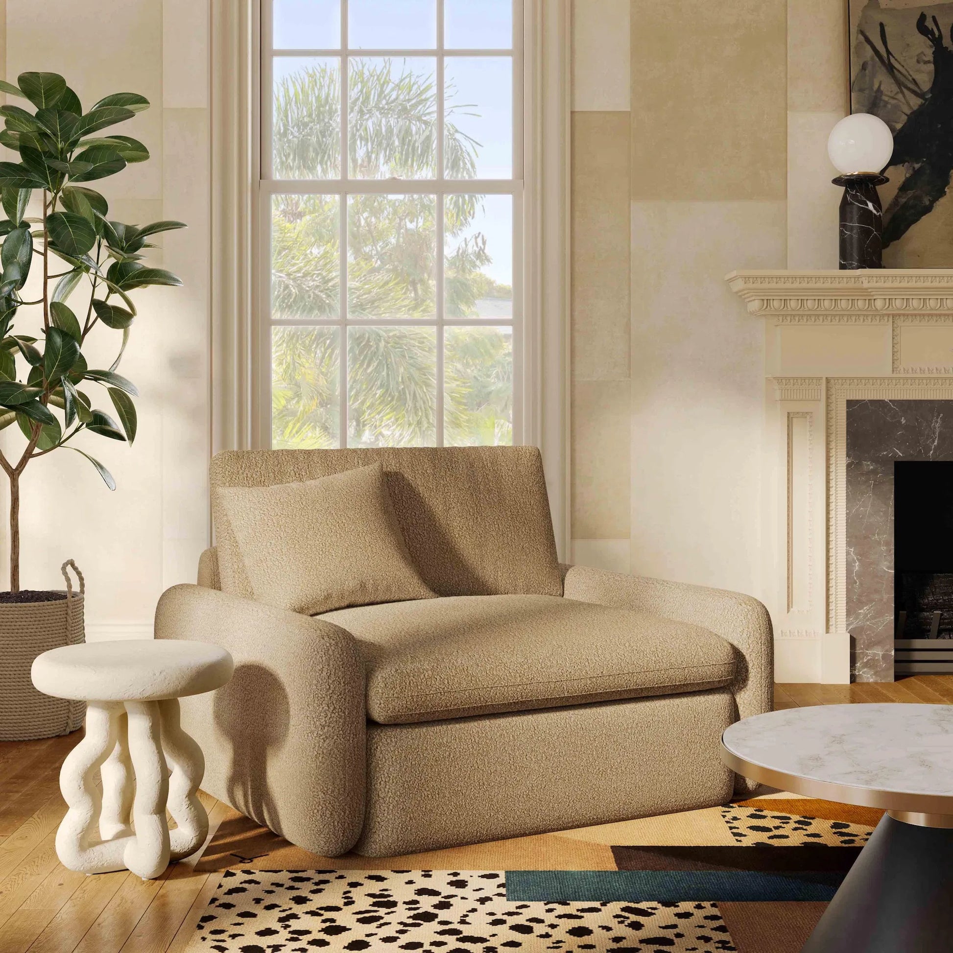 Rachelle Boucle Lounge Chair by TOV Furniture in tan. Made from boucle, plywood in a transitional style.