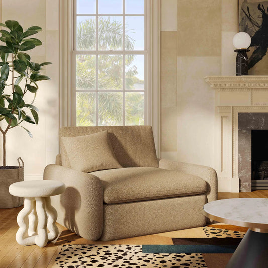 Rachelle Boucle Lounge Chair by TOV Furniture in tan. Made from boucle, plywood in a unique style.