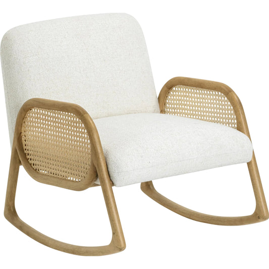 Bonney Performance Fabric Rocking Chair by TOV Furniture in cream. Made from cane, linen, wood in a unique style.