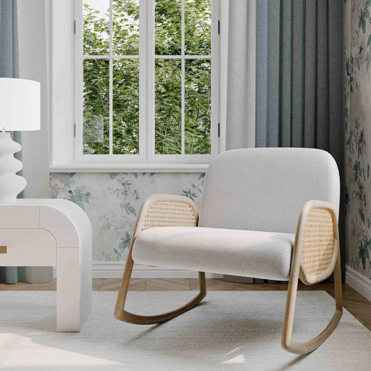 Bonney Performance Fabric Rocking Chair by TOV Furniture in cream. Made from cane, linen, wood in a unique style.