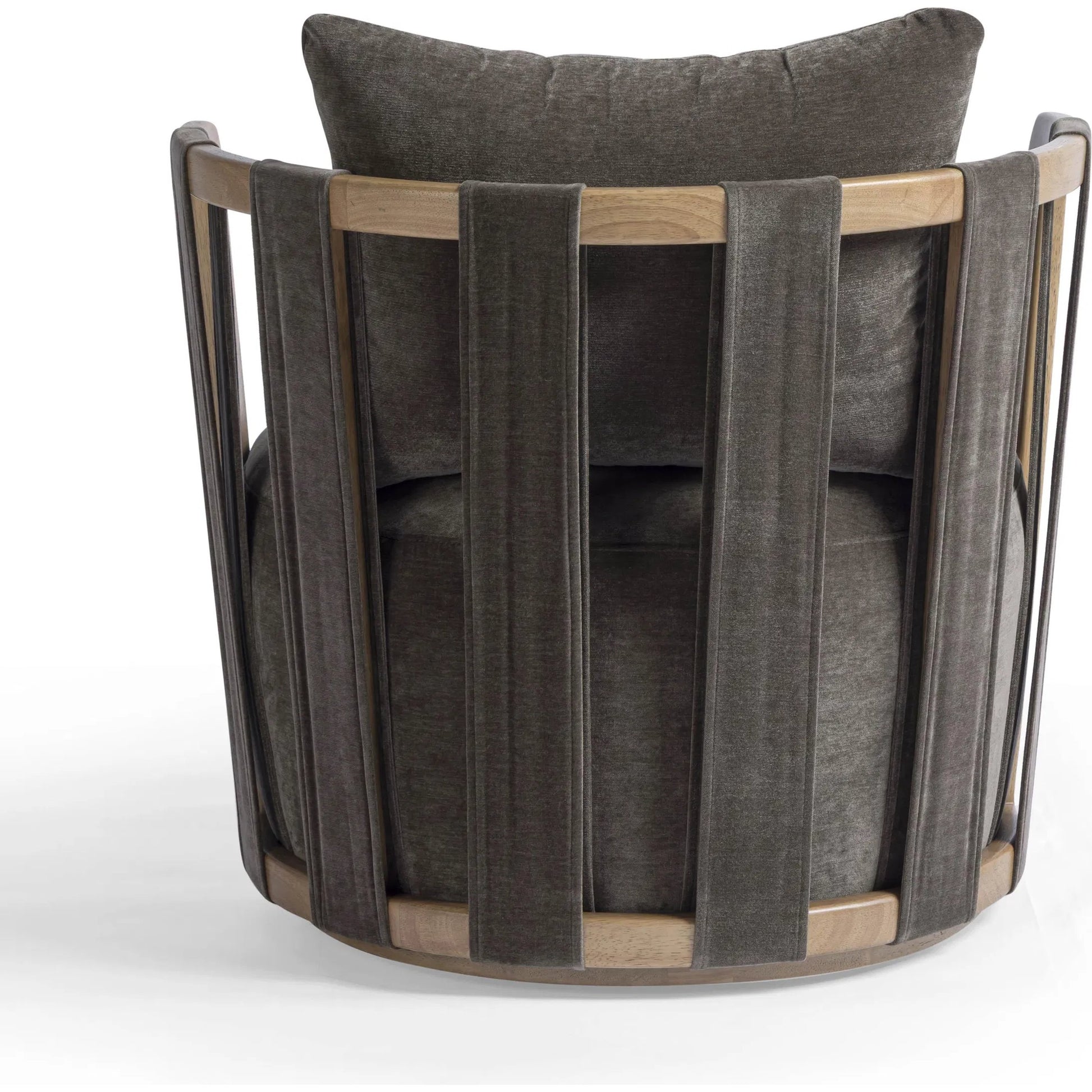 Paolo Upcycled Fabric Swivel Chair by TOV Furniture in chocolate brown. Made from plywood, recycled fabric, wood in a transitional style.