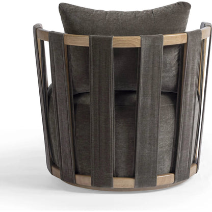 Paolo Upcycled Fabric Swivel Chair by TOV Furniture in chocolate brown. Made from plywood, recycled fabric, wood in a transitional style.