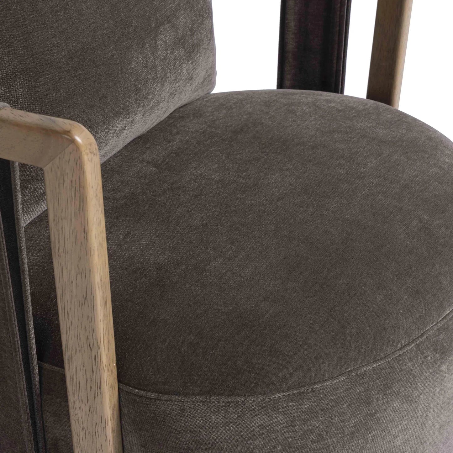 005 SI-2439976 | Closeup | Paolo Upcycled Fabric Swivel Chair by TOV Furniture in chocolate brown. Made from plywood, recycled fabric, wood in a transitional style.