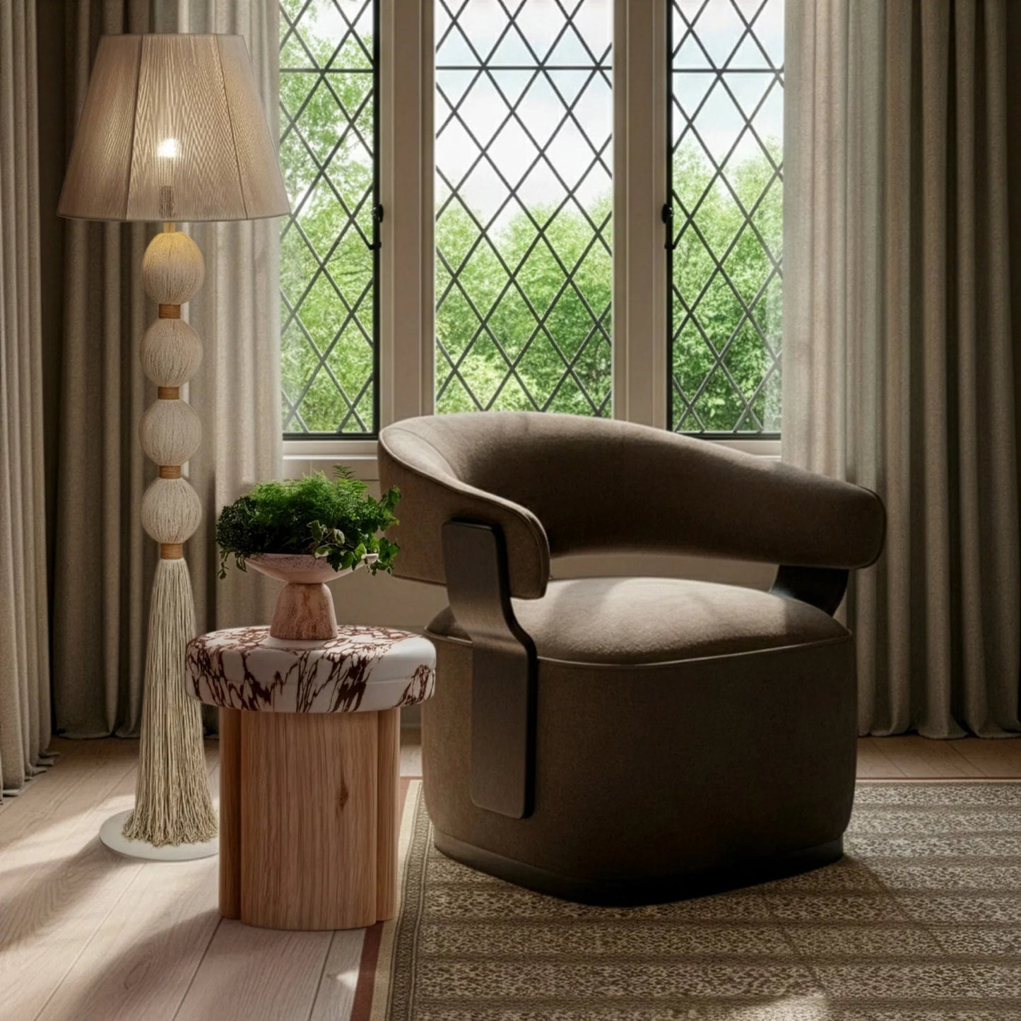 007 SI-2519465 | Lifestyle | Madison Linen Swivel Accent Chair by TOV Furniture. Made from chenille, plywood, rubberwood in a eclectic & global style.