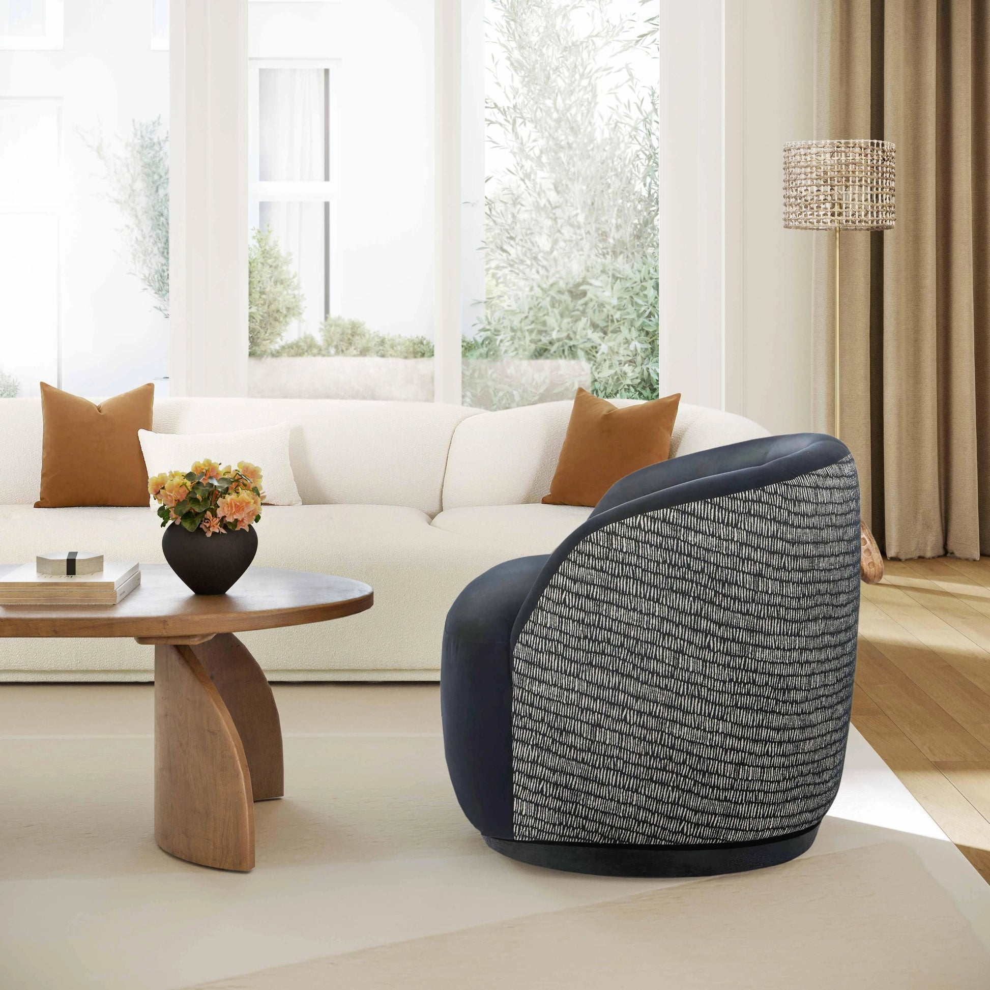 Reese Velvet Swivel Chair by TOV Furniture in black. Made from chenille, velvet, wood in a modern style.