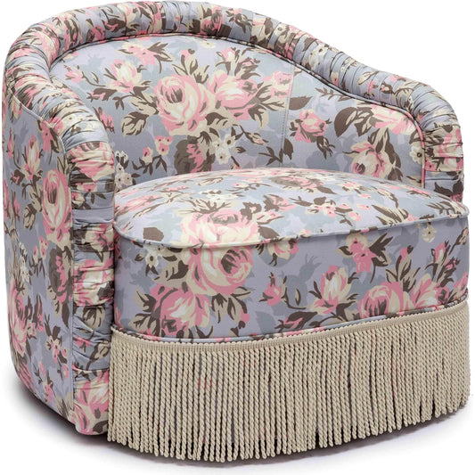 Pamela Spring Floral Print Tasseled Lounge Chair by TOV Furniture in multi. Made from linen, plywood, wood in a unique style.