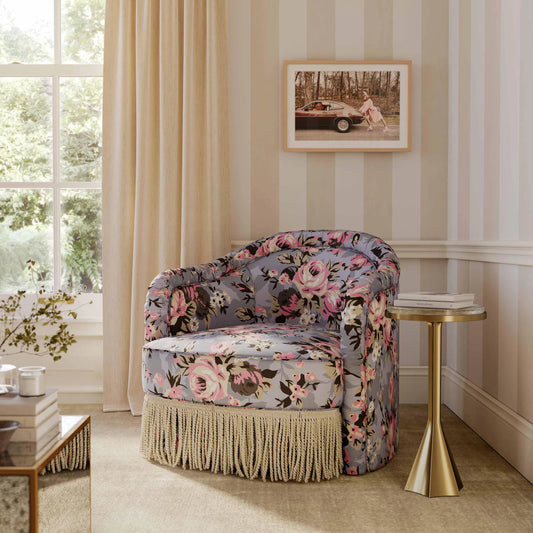 Pamela Spring Floral Print Tasseled Lounge Chair by TOV Furniture in multi. Made from linen, plywood, wood in a traditional style.
