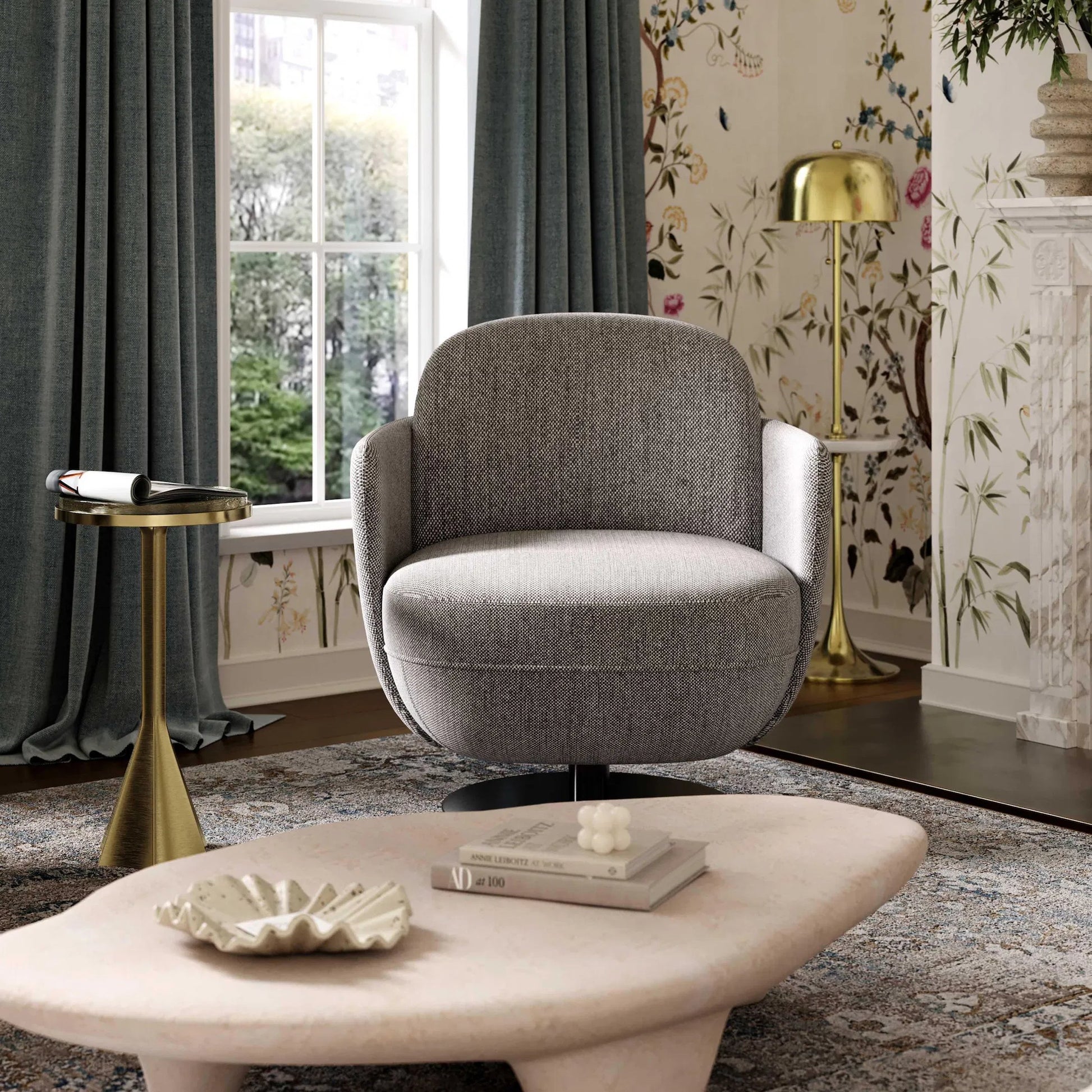 Solange Textured Weave Swivel Chair by TOV Furniture in grey. Made from iron, plywood, velvet in a unique style.