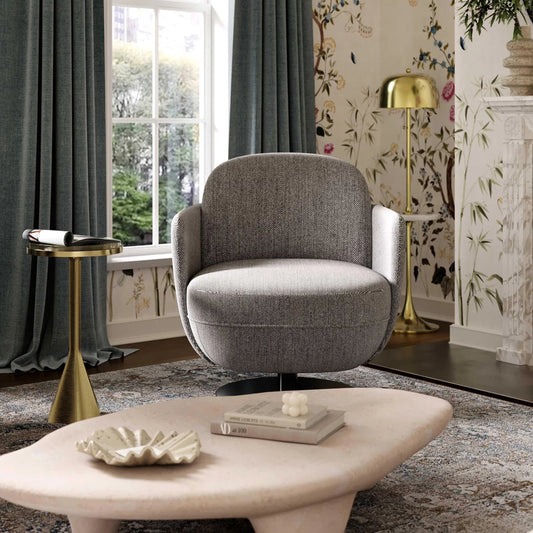 Solange Textured Weave Swivel Chair by TOV Furniture in grey. Made from iron, plywood, velvet in a unique style.