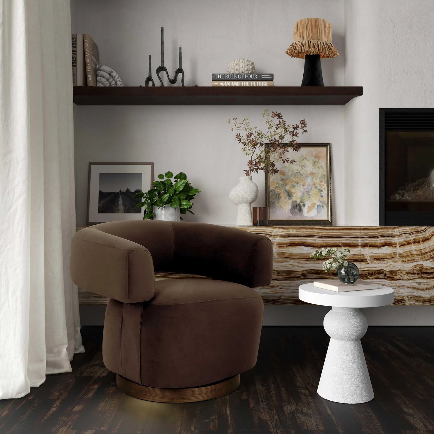 006 SI-2439980 | Lifestyle | River Performance Velvet Swivel Accent Chair by TOV Furniture in chocolate brown. Made from mdf, plywood, velvet, veneer in a modern style.