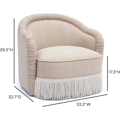 Pamela Chenille Lounge Chair by TOV Furniture in tan. Made from fabric, plywood, tassel in a unique style.