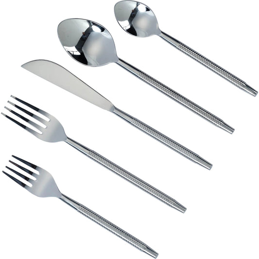 Ribbed Silver Stainless Steel Flatware (Set of 5) by TOV Furniture in nickel. Made from stainless steel in a unique style.