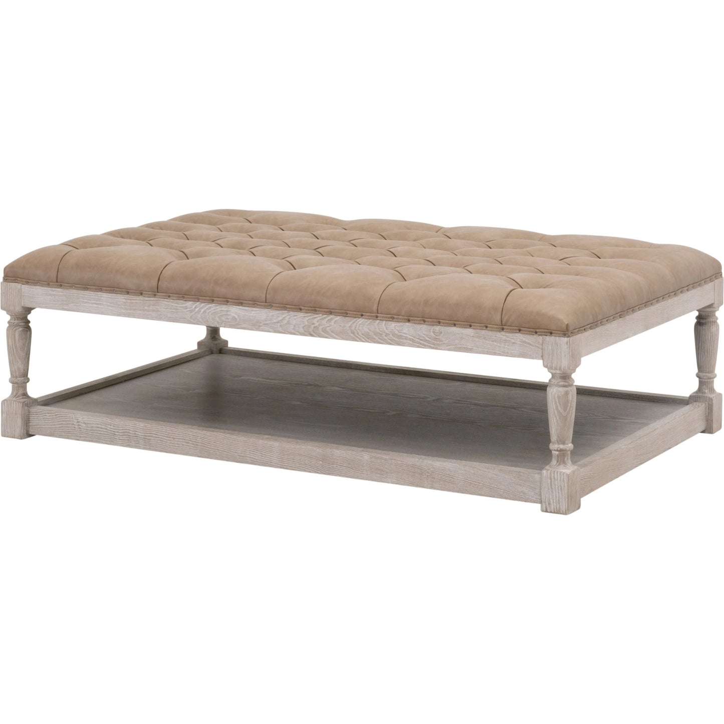 001 SI-2292658 | Primary Silo | Townsend Tufted Upholstered Rectangle Coffee Table by Essentials For Living in ivanhoe toast, natural gray ash, black nail tacks. Made from solid ash wood, ash veneer, plywood, 84% polyester - 16% pu vegan leather, foam in a