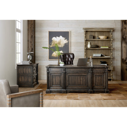 La Grange San Felipe Executive Desk by Hooker Furniture in dark antiqued hickory. Made from pecky hickory veneer, leather, solid-wood edge top in a unique style.