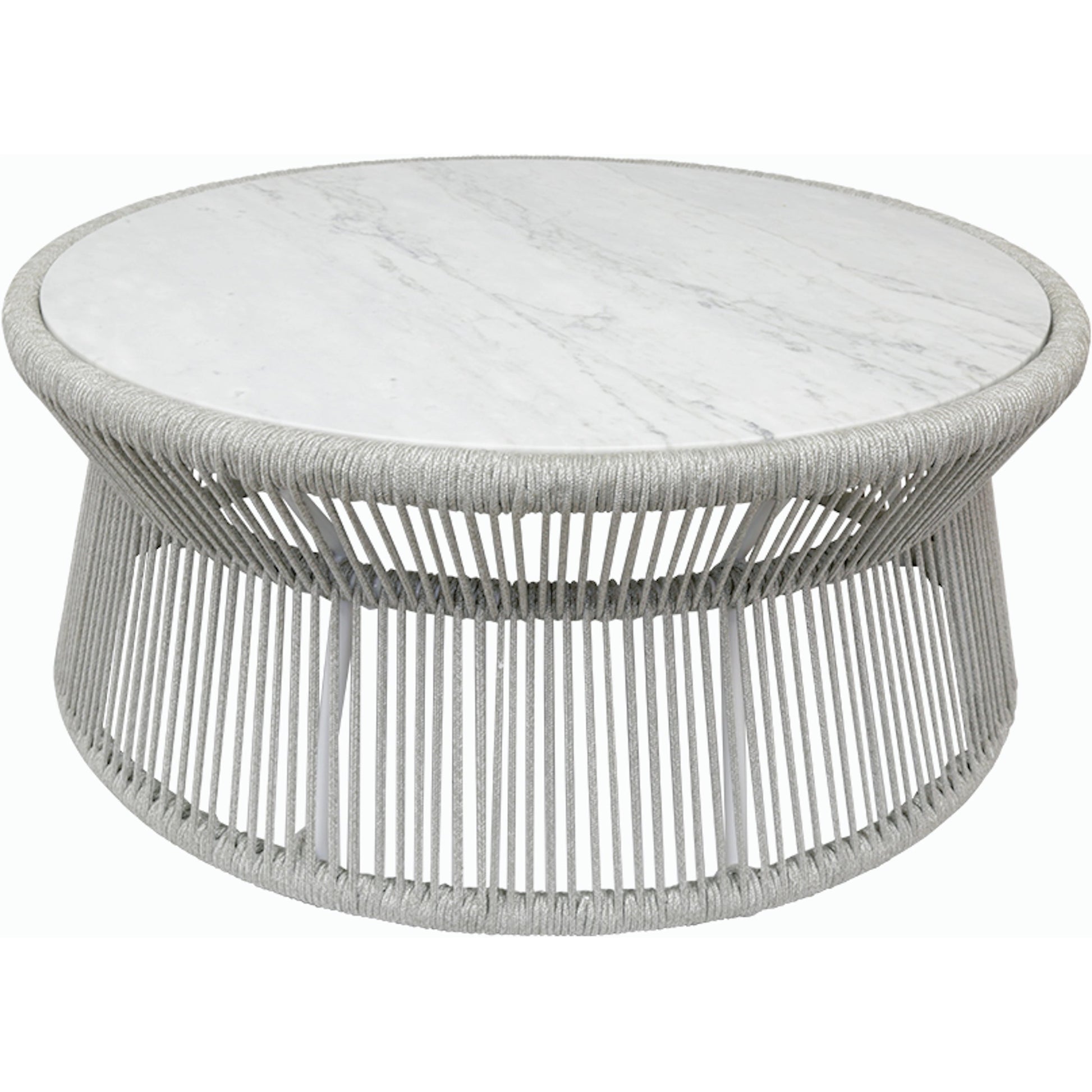 Miami Outdoor Coffee Table by Sunset West in frost. Made from olefin rope in a coastal style.