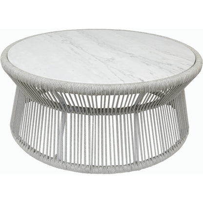 Miami Outdoor Coffee Table by Sunset West in frost. Made from olefin rope in a coastal style.