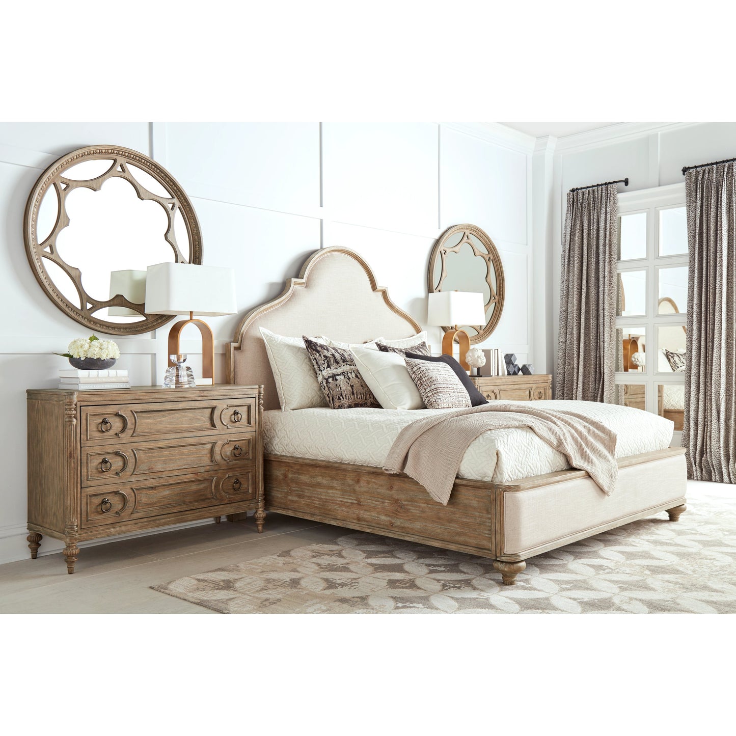 008 SI-2064916,SI-2064917,SI-2064918 | Lifestyle | Architrave Upholstered Panel Bed by A.R.T. Furniture in almond. Made from pine solids and veneer, foam, fabric in a traditional style.