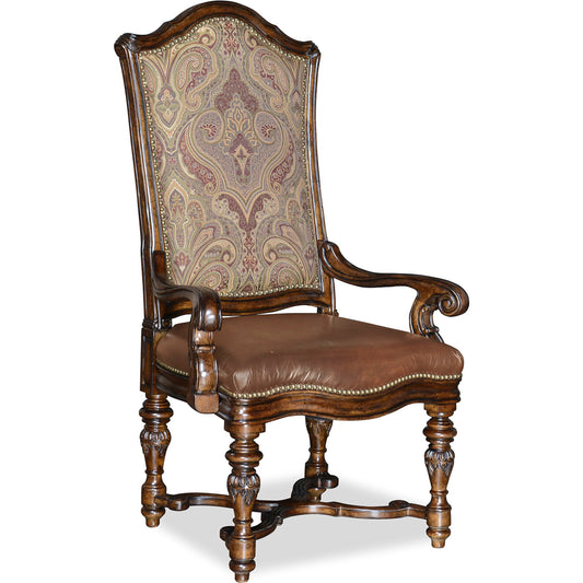 Valencia Arm Chair (Set of 2) by A.R.T. Furniture in brown and tuscan. Made from radiata solids, white oak, walnut and pine veneers, foam, fabric, leather, metal in a traditional style.