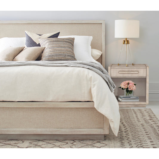 Cotiere Petite Nightstand by A.R.T. Furniture in beige and linen. Made from parawood solids, mixed split cathedral and quarter white oak veneers, fabric in a modern style.