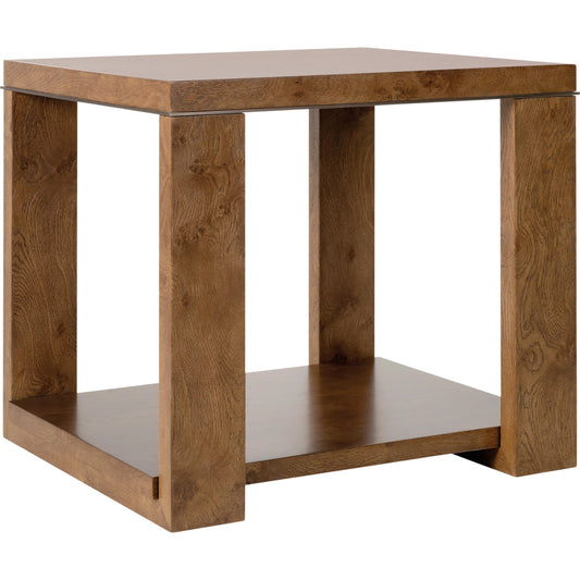 Melange Mulholland End Table by Hooker Furniture in medium wood and rich golden brown, oak veneers, bronze metal. Made from oak solids, oak veneers in a unique style.