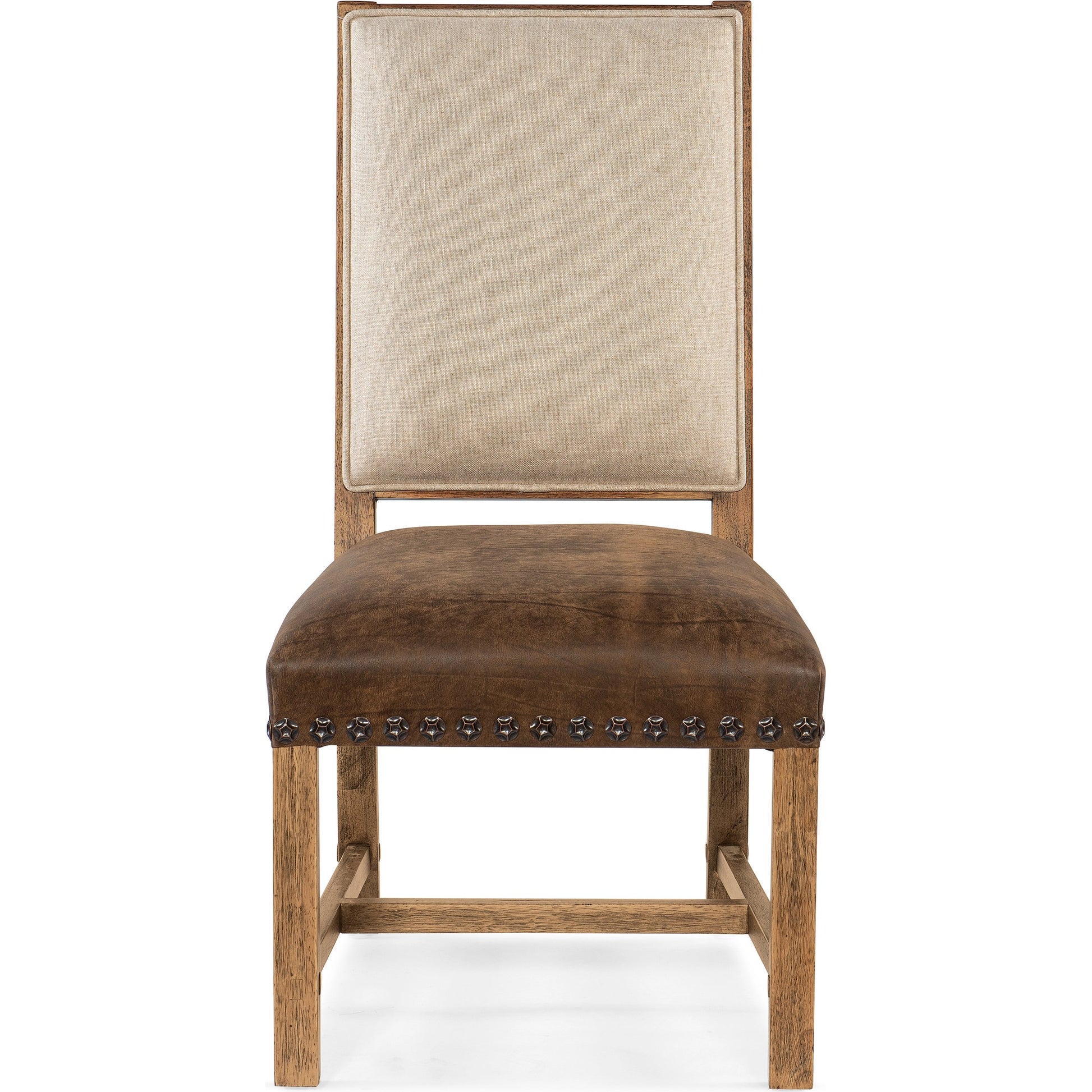 Big Sky Padded Side Chair (Set of 2) by Hooker Furniture in brown and vintage natural, furrowed bark. Made from wood, fabric, leather, nailheads, resin, seville timber (aniline). in a traditional style.