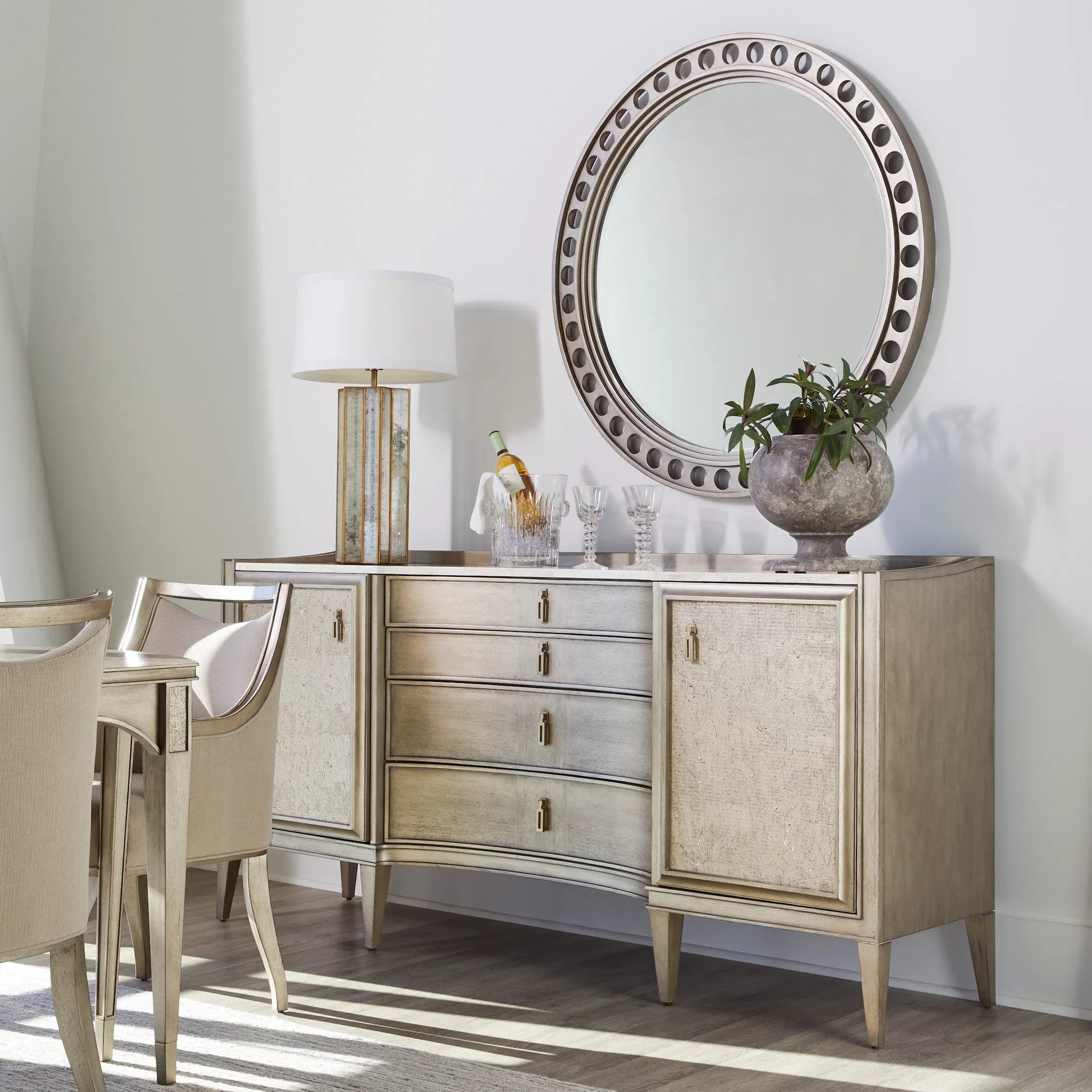 Cove Round Mirror by A.R.T. Furniture in grey and mica. Made from rubberwood solids, primavera veneer, glass in a traditional style.