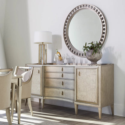 Cove Round Mirror by A.R.T. Furniture in grey and mica. Made from rubberwood solids, primavera veneer, glass in a traditional style.