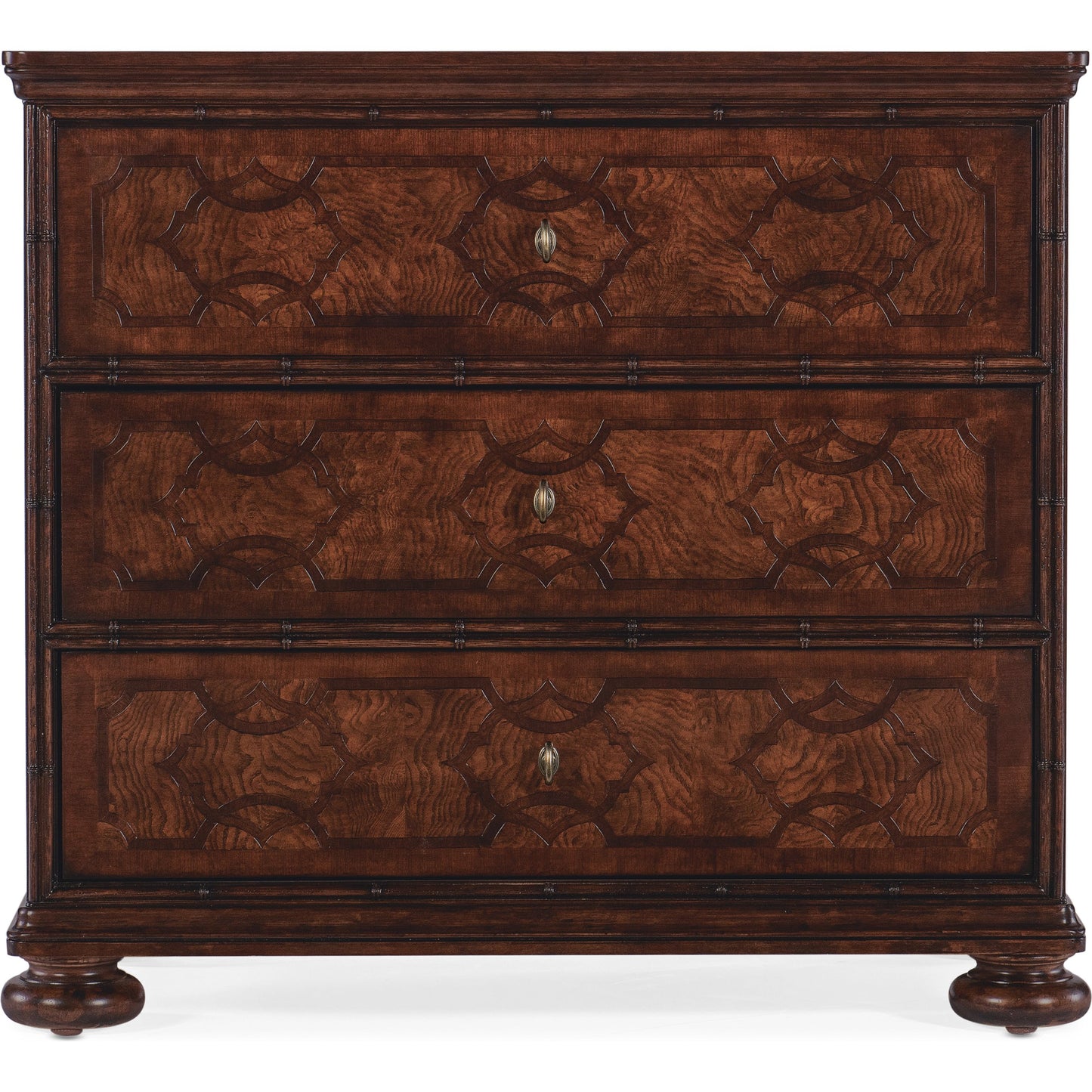 002 SI-2029032 | Additional Silo | Charleston Inlay Three-Drawer Nightstand by Hooker Furniture in maraschino cherry. Made from cherry, walnut veneers, walnut inlay, olive ash burl in a traditional style.