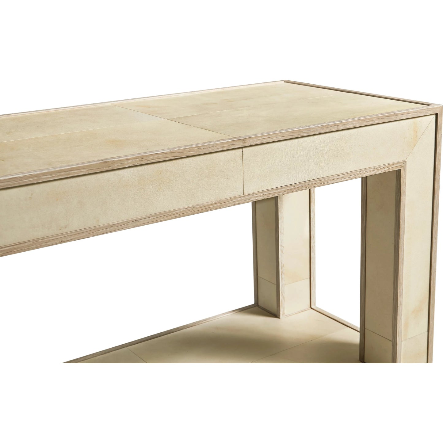 005 SI-2446825 | Closeup | Hydra Console Table by Jonathan Charles in parchment oak. Made from oak, oak veneer, brass, vellum in a transitional style.